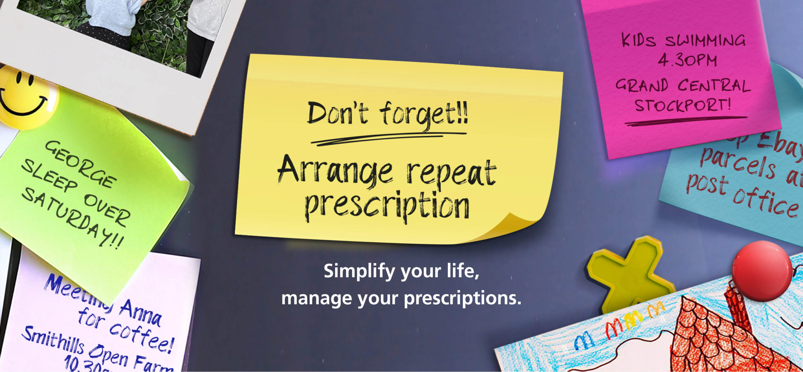 Image with post it notes of tasks to do including one saying arrange repeat prescription