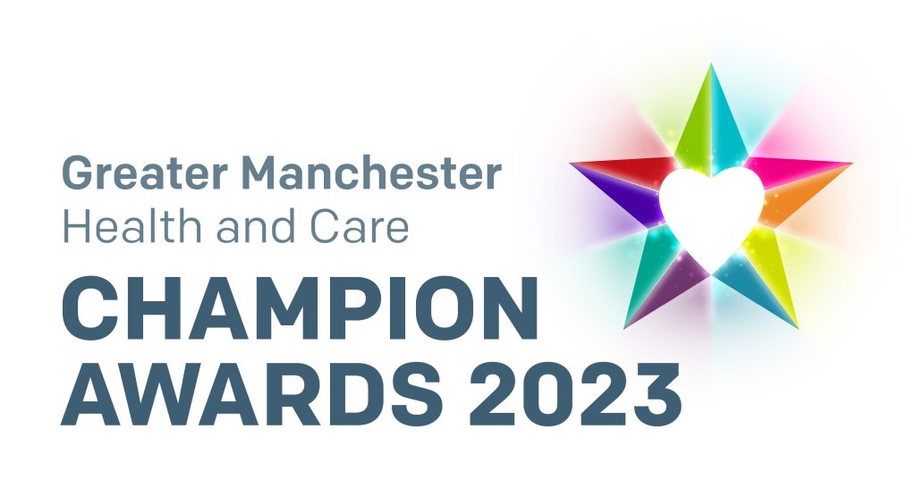 The logo for the Greater Manchester Health and Care Champion Awards, which is the words in a grey-blue font and a coloured five point start next to them.