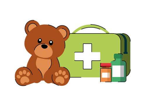 A drawing of a brown teddy bear sitting in front of a pale green first aid box and two bottles of medicine