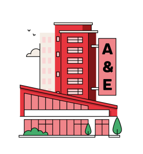 A drawing of a red high rise building and a lower glass building in front. The sign off the side says "A&E".