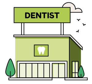 A drawing of a green building with a tooth drawn on the front. The word "dentist" is on a sign above the building.