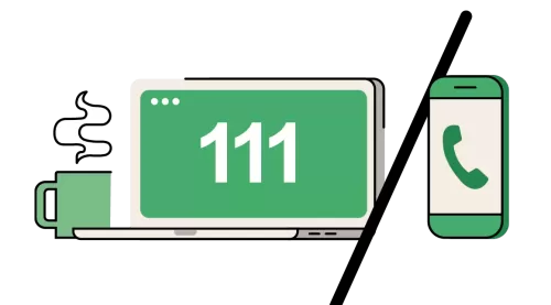 A drawing of a laptop and mobile phone with 111 on the screen. There is a steaming cup next to it.