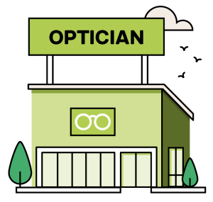 A drawing of a green building with a pair of glasses drawn on the front. The word "optician" is on a sign above the building.