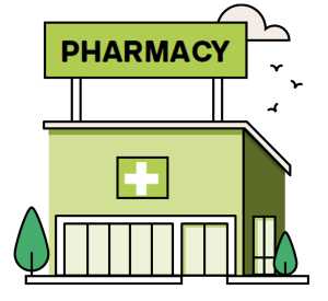 A drawing of a green building with a pharmacy cross drawn on the front. The word "pharmacy" is on a sign above the building.