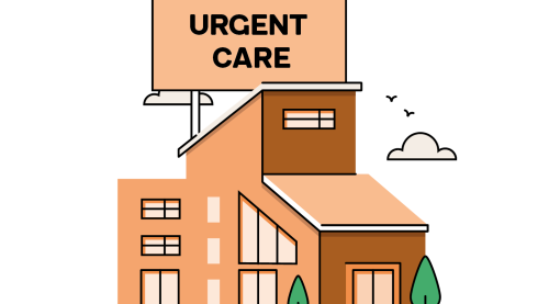 A drawing of a brown building with windows and slanting roofs, with the words "urgent care" on a sign above it.