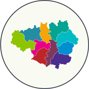 An icon of a map of the 10 GM boroughs to illustrate Local Integrated Partnership meetings.