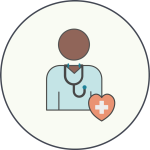 An icon of a doctor with a stethoscope and a heart to illustrate primary care meetings.
