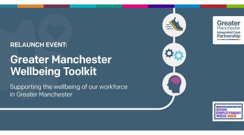 Visual of a runner trainer, wheel cogs, and a head and brain. The text reads: Relaunch event. Greater Manchester wellbeing toolkit. Supporting the wellbeing of our workforce in Greater Manchester.