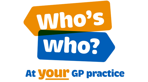 Two direction signs pointing in different directions. Text: who's who at your GP practice.