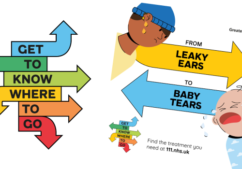 A stack of different colours arrows containing the words get to know where to go. It is next to a marketing graphic from the get to know where to go campaign which has acartoon of a person with puss leaking from their ear and a crying baby.