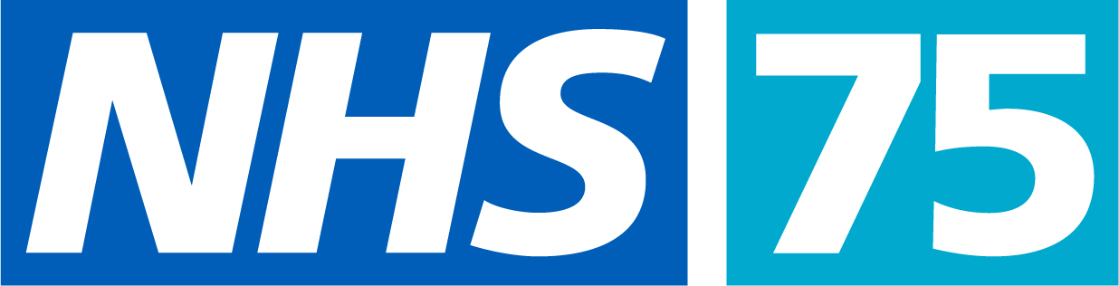 NHS 75 logo - white text on a dark blue background, with the 75 on a turquoise background