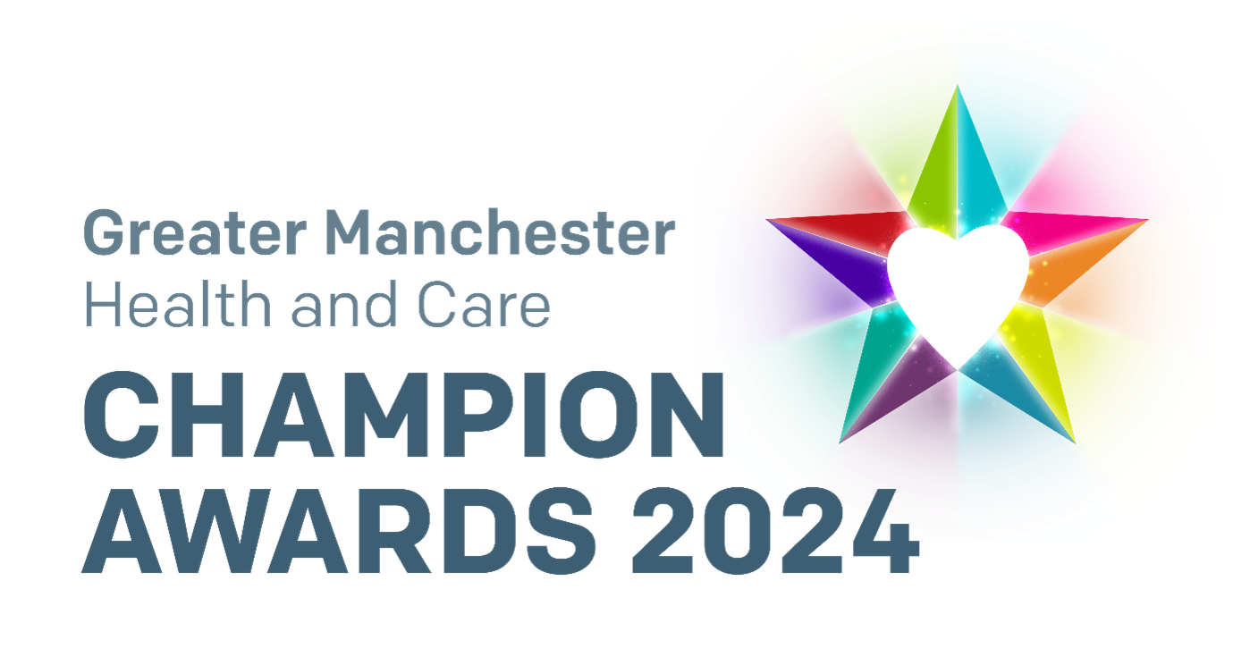 Visual of a multicoloured star with a white heart in the centre. The text reads: Greater Manchester Health and Care Champion Awards 2024.