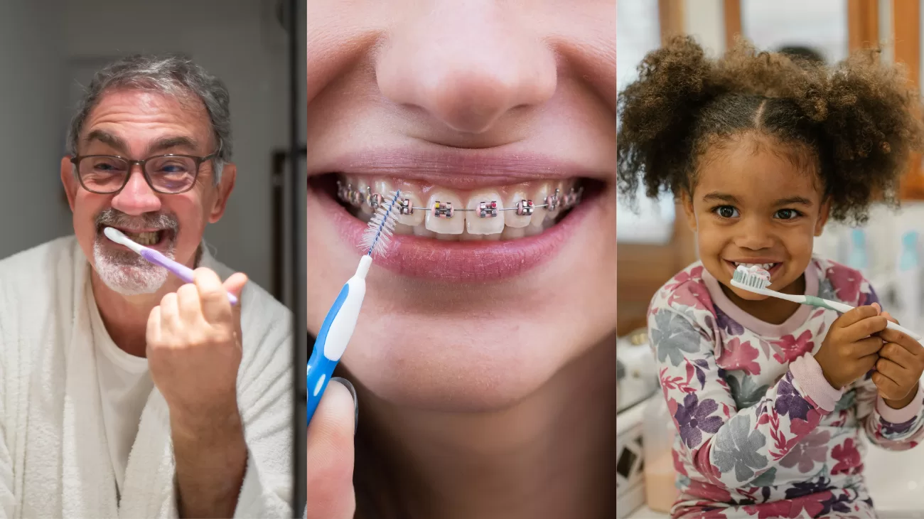 Photographs of people of different ages brushing and flossing their teeth.