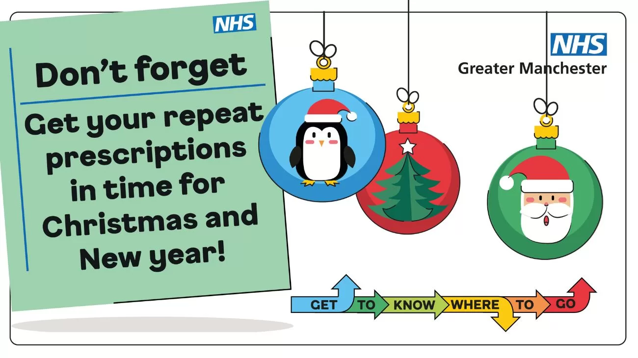 Christmas baubles with penguins, Santa Claus and a Christmas Tree. Post it note, order repeat prescriptions in good time.