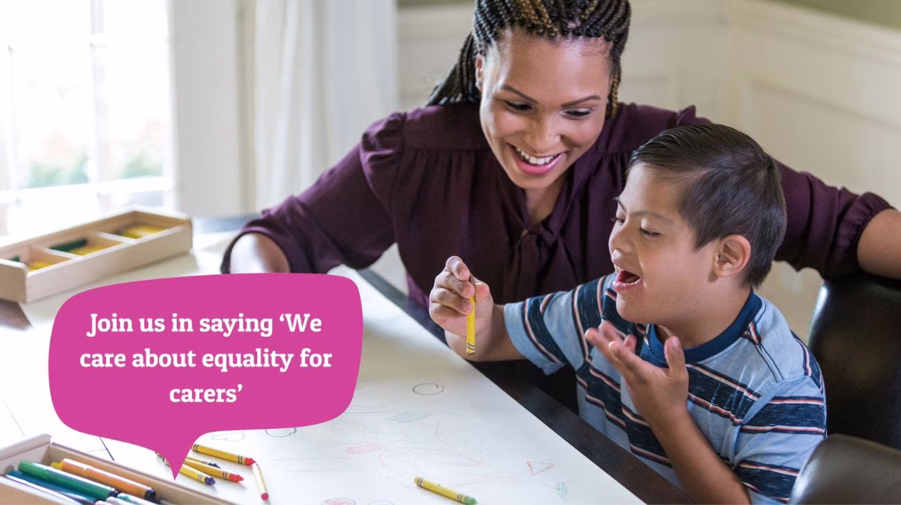 A person caring for another person. Join us in saying "we care about equality for carers".