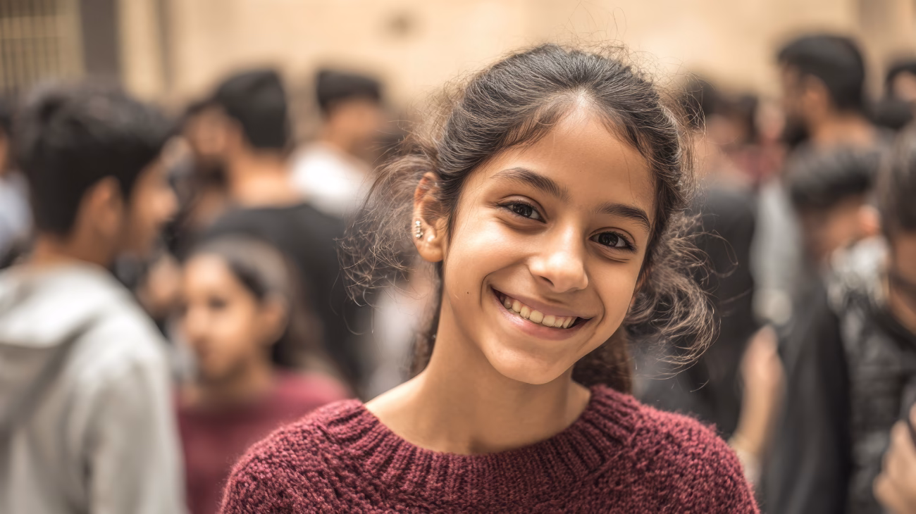 A young person smiling in a room of other young people who are blurred in the background.
