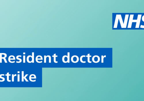 A simple graphic with an NHS Logo. A green background with white text in a blue box reads "resident doctor strike".