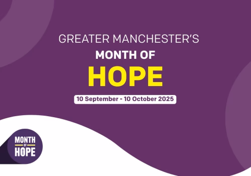 purple background with circle shapes and text. Text reads Greater Manchester's Month of Hope. 10 September - 10 October 2025 Logo: Month of Hope