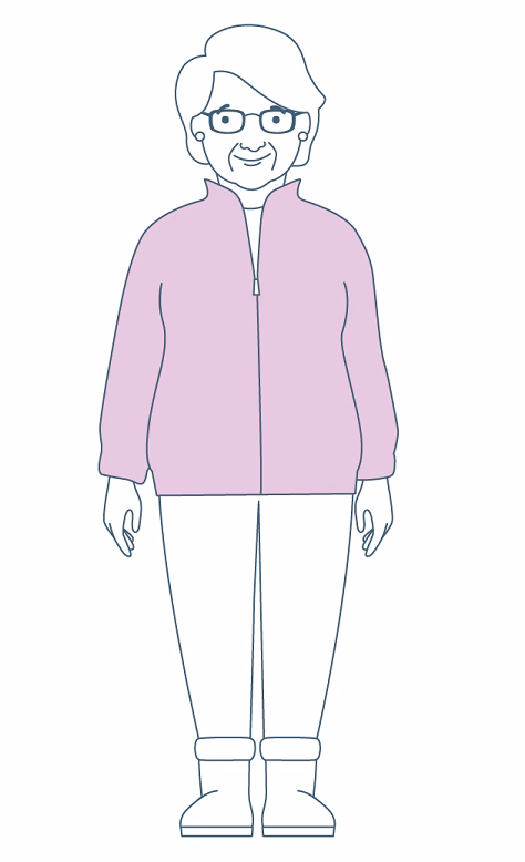 Line drawing of a woman standing with her arms by her side. She is wearing a cardigan, trousers and glasses.