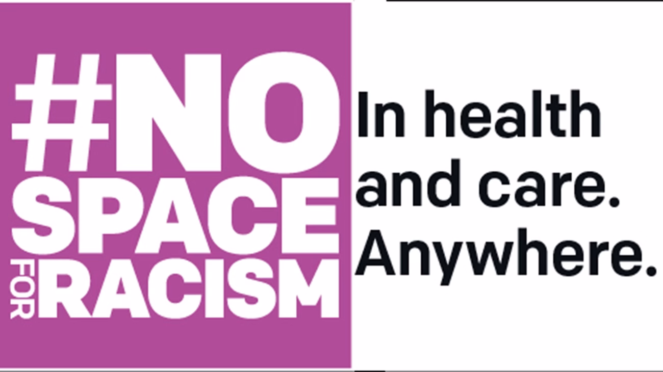 Purply background. Text reads 'No space for racism in health care, anywhere.'