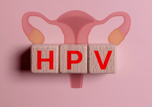 The letters HPV in front of a cartoon of female reproductive organs