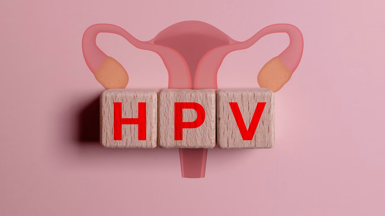 The letters HPV in front of a cartoon of female reproductive organs