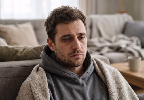 Person sat next to the sofa looking sad