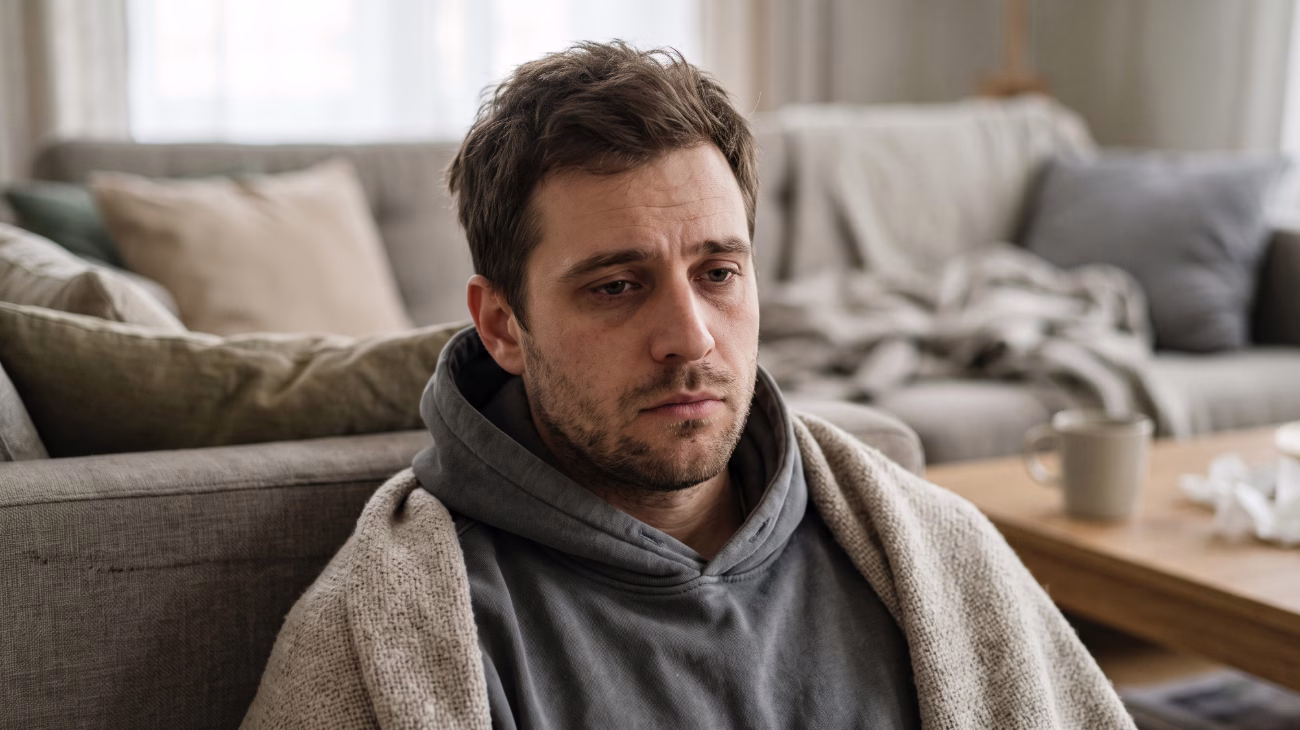 Person sat next to the sofa looking sad